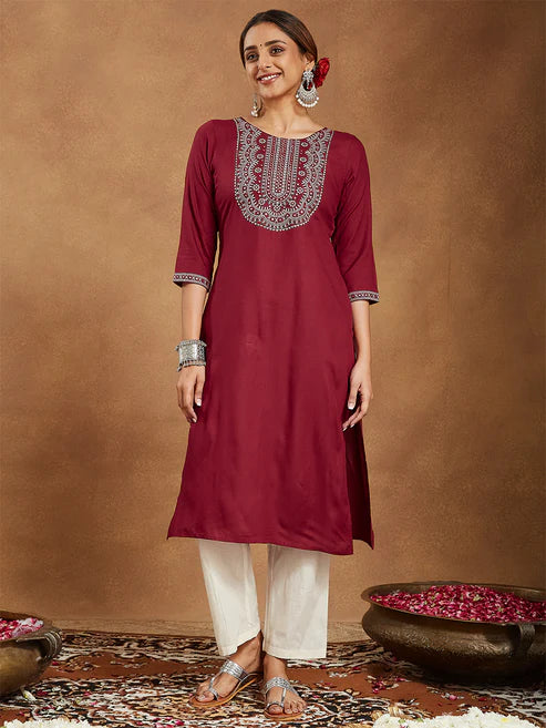 Saheli Women's Maroon Rayon Embroidered Straight Kurta