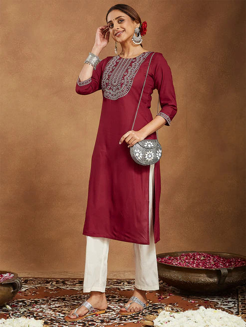 Saheli Women's Maroon Rayon Embroidered Straight Kurta