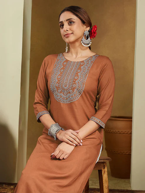 Saheli Women's Brown Rayon Embroidered Straight Kurta