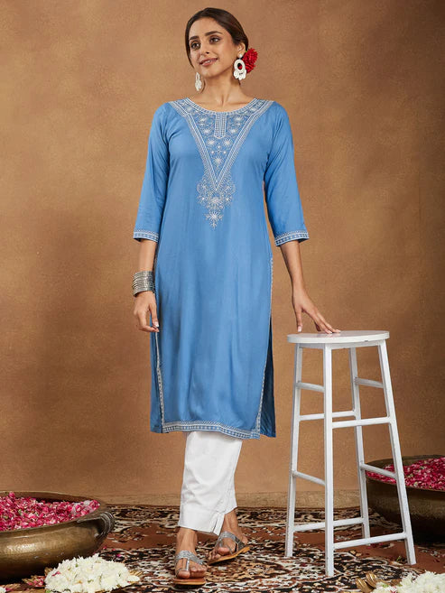 Saheli Women's Sky Blue Rayon Embroidered Straight Kurta