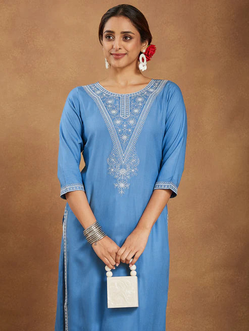 Saheli Women's Sky Blue Rayon Embroidered Straight Kurta