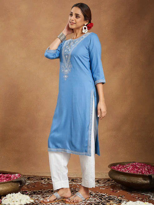 Saheli Women's Sky Blue Rayon Embroidered Straight Kurta