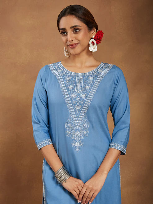Saheli Women's Sky Blue Rayon Embroidered Straight Kurta