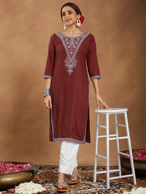Saheli Women's Maroon Rayon Embroidered Straight Kurta