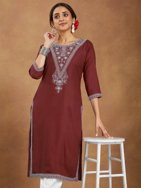 Saheli Women's Maroon Rayon Embroidered Straight Kurta