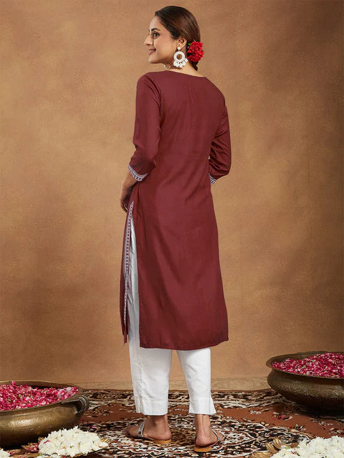 Saheli Women's Maroon Rayon Embroidered Straight Kurta