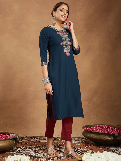 Saheli Women's Navy Blue Rayon Embroidered Straight Kurta