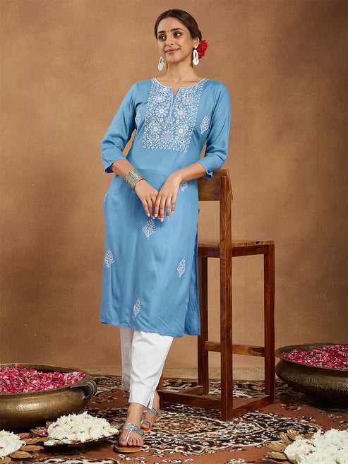 Saheli Women's Sky Blue Rayon Embroidered Straight Kurta