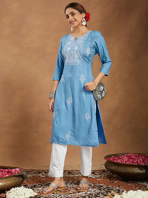 Saheli Women's Sky Blue Rayon Embroidered Straight Kurta