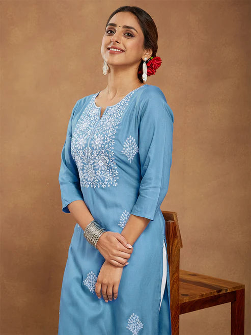 Saheli Women's Sky Blue Rayon Embroidered Straight Kurta