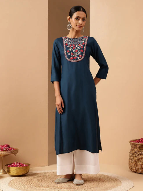 Saheli Women's Teal Blue Rayon Yoke Embroidered Straight Kurta