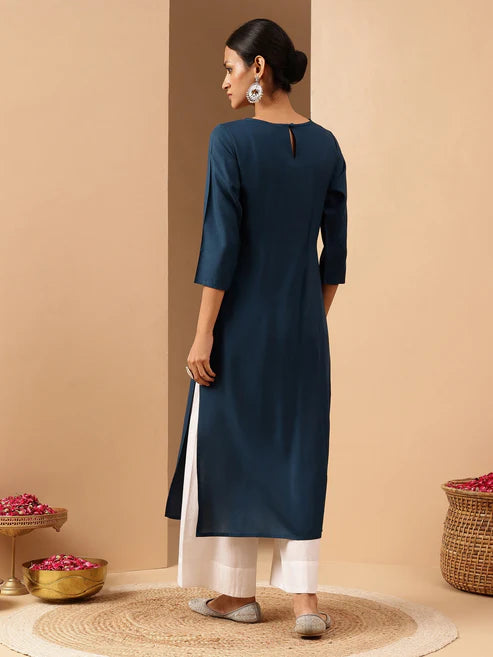Saheli Women's Teal Blue Rayon Yoke Embroidered Straight Kurta