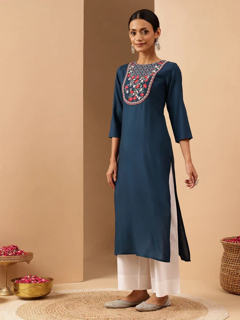 Saheli Women's Teal Blue Rayon Yoke Embroidered Straight Kurta