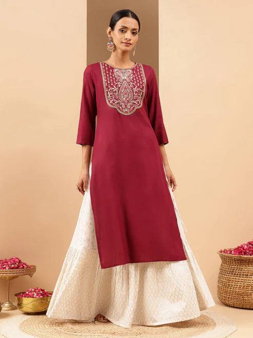 Saheli Women's Wine Royan Yoke Embroidered Straight Kurta