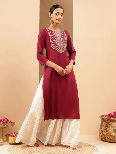 Saheli Women's Wine Royan Yoke Embroidered Straight Kurta