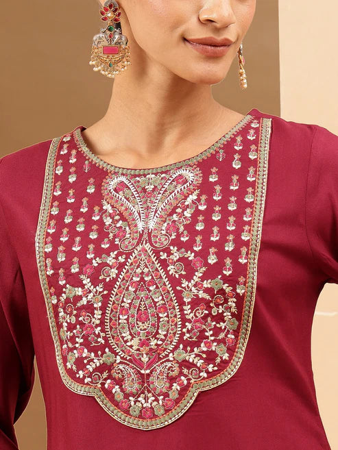 Saheli Women's Wine Royan Yoke Embroidered Straight Kurta