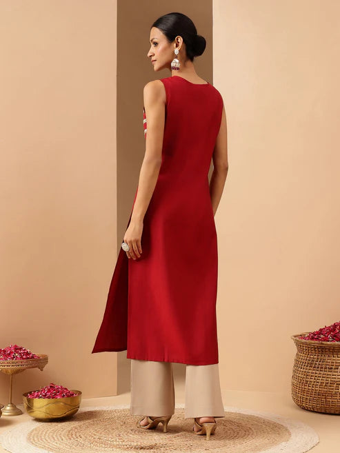 Saheli Women's Red Silk Blend Zari Embroidered Straight Kurta