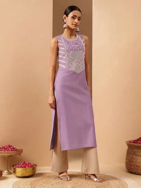 Saheli Women's Wine Chanderi Silk Zari Yoke Embroidered Straight Kurta