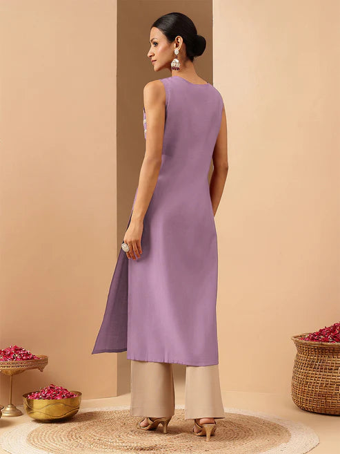 Saheli Women's Wine Chanderi Silk Zari Yoke Embroidered Straight Kurta