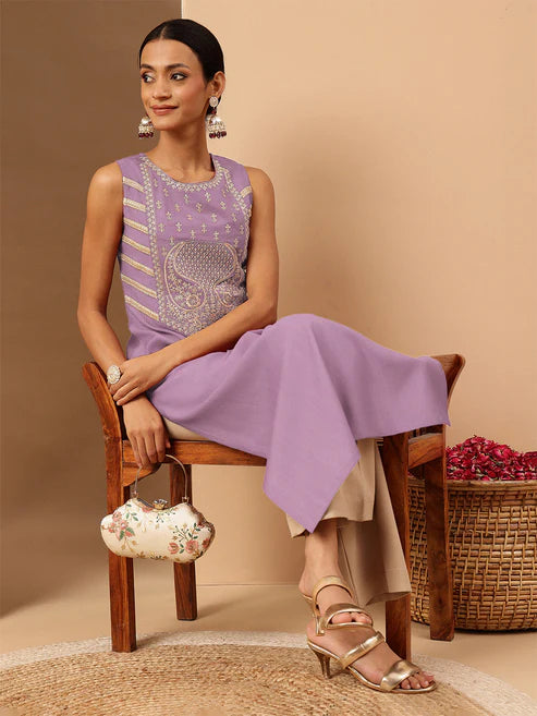 Saheli Women's Wine Chanderi Silk Zari Yoke Embroidered Straight Kurta