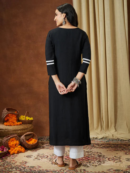 Saheli Women's Black Silk Blend Embroidered Straight Kurta