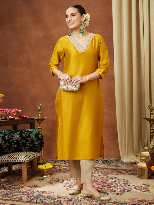 Saheli Women's Mustard Chanderi Silk Embellished Straight Kurta
