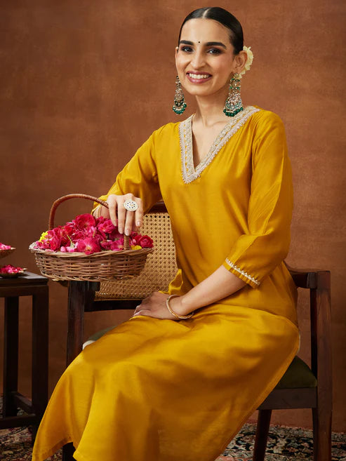 Saheli Women's Mustard Chanderi Silk Embellished Straight Kurta