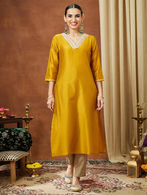 Saheli Women's Mustard Chanderi Silk Embellished Straight Kurta