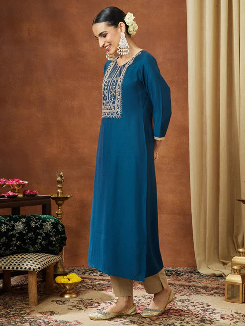 Saheli Women's Teal Blue Chanderi Silk Zari Yoke Embroidery Straight Kurta