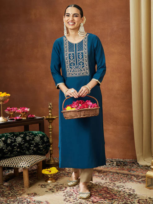 Saheli Women's Teal Blue Chanderi Silk Zari Yoke Embroidery Straight Kurta