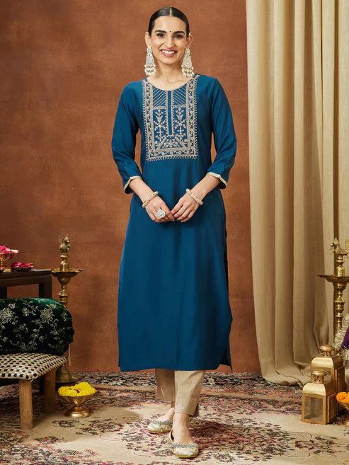 Saheli Women's Teal Blue Chanderi Silk Zari Yoke Embroidery Straight Kurta