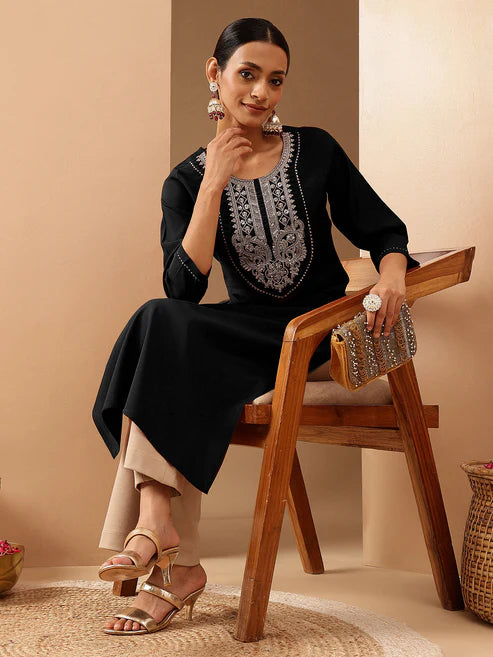 Saheli Women's Black Chanderi Silk Yoke Embroidered Straight Kurta