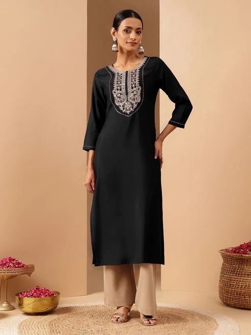 Saheli Women's Black Chanderi Silk Yoke Embroidered Straight Kurta