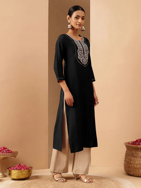 Saheli Women's Black Chanderi Silk Yoke Embroidered Straight Kurta