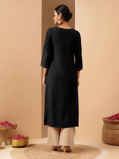 Saheli Women's Black Chanderi Silk Yoke Embroidered Straight Kurta