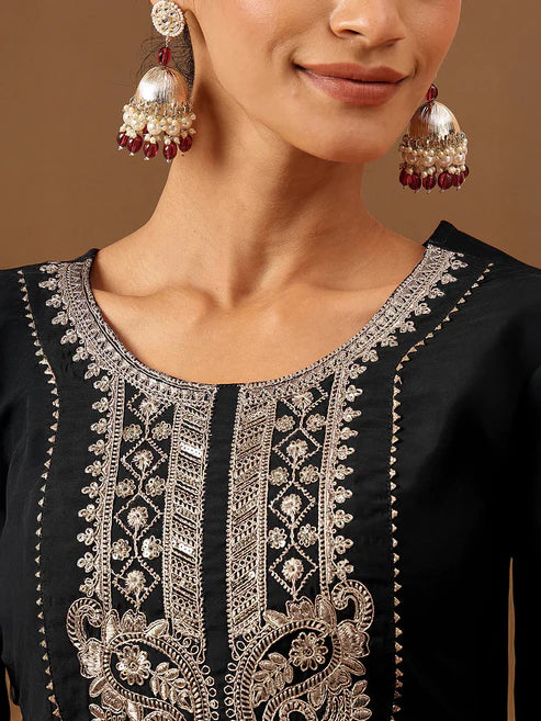 Saheli Women's Black Chanderi Silk Yoke Embroidered Straight Kurta