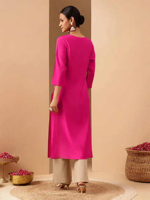 Saheli Women's Pink Chanderi Silk Yoke Embroidery Straight Kurta