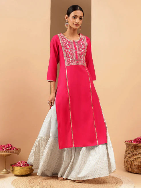Saheli Women's Pink Chanderi Silk Zari Yoke Embroidered Straight Kurta