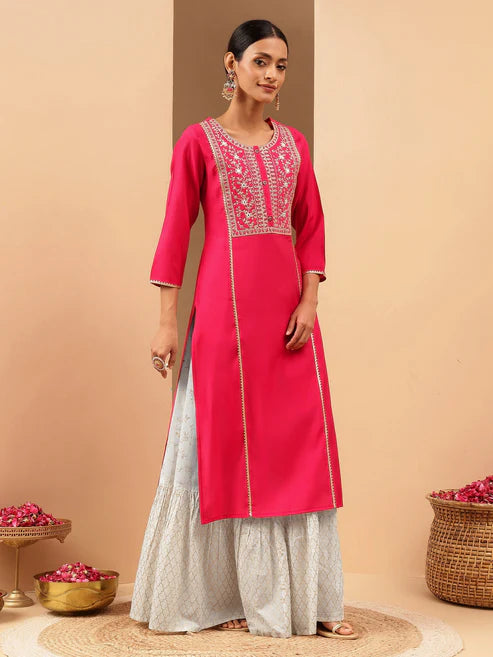 Saheli Women's Pink Chanderi Silk Zari Yoke Embroidered Straight Kurta