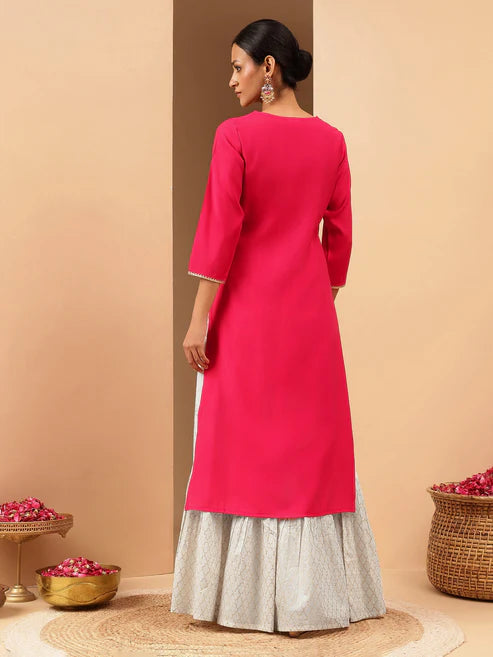 Saheli Women's Pink Chanderi Silk Zari Yoke Embroidered Straight Kurta