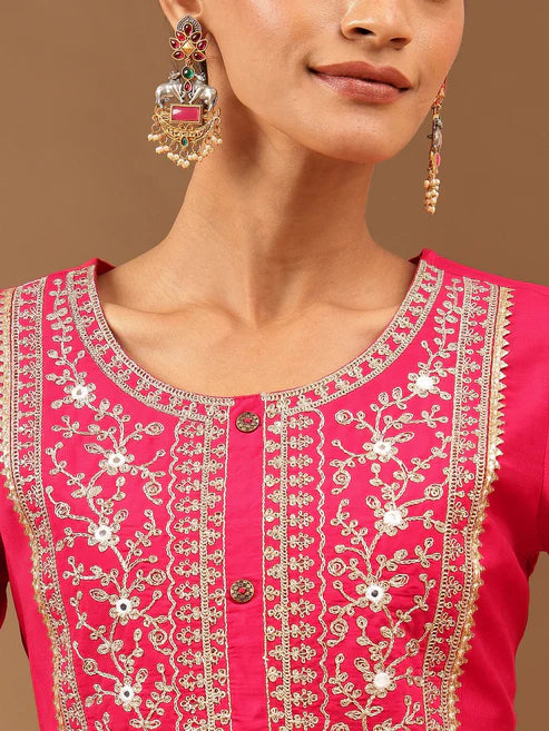 Saheli Women's Pink Chanderi Silk Zari Yoke Embroidered Straight Kurta