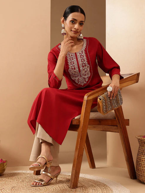 Saheli Women's Maroon Chanderi Silk Yoke Embroidered Straight Kurta.
