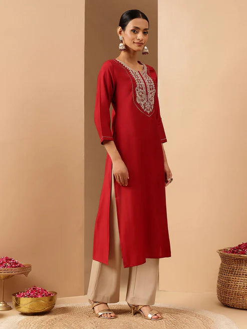 Saheli Women's Maroon Chanderi Silk Yoke Embroidered Straight Kurta.