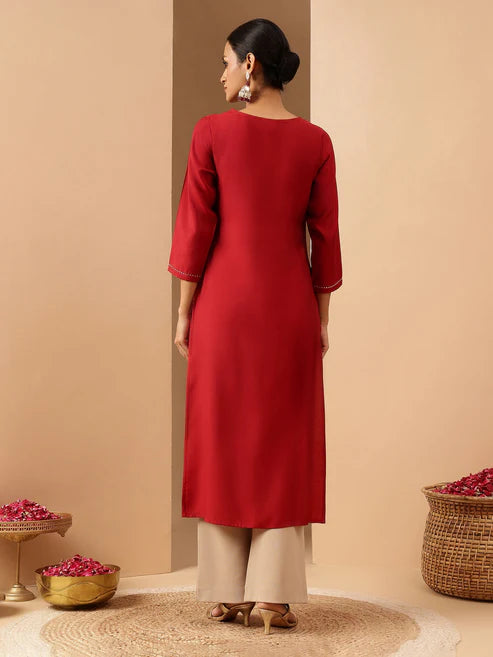 Saheli Women's Maroon Chanderi Silk Yoke Embroidered Straight Kurta.