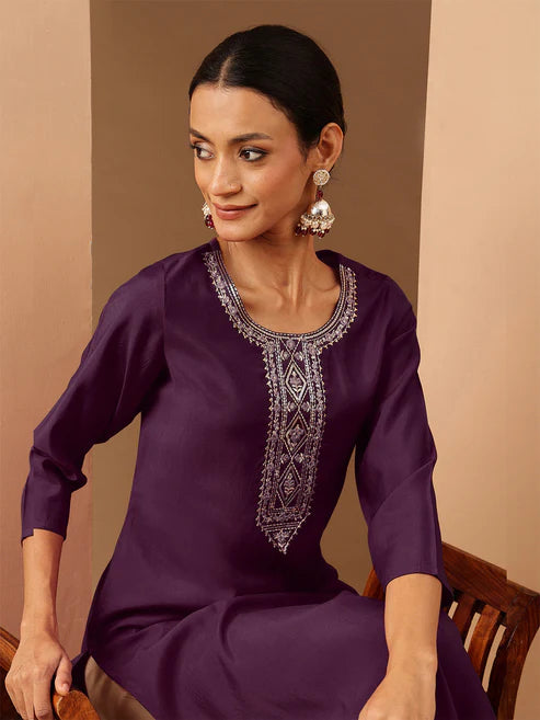 Saheli Women's Wine Chanderi Silk Zari Yoke Embroidered Straight Kurta