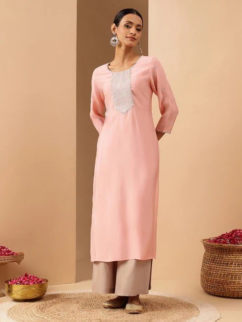 Saheli Women's Soft Pink Chanderi Silk Zari Embroidered Straight Kurta