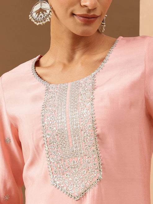 Saheli Women's Soft Pink Chanderi Silk Zari Embroidered Straight Kurta