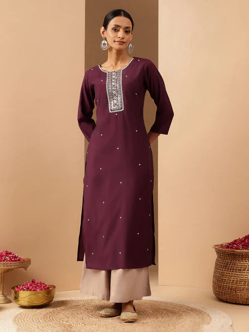 Saheli Women's Wine Chanderi Silk Embroidered Straight Kurta