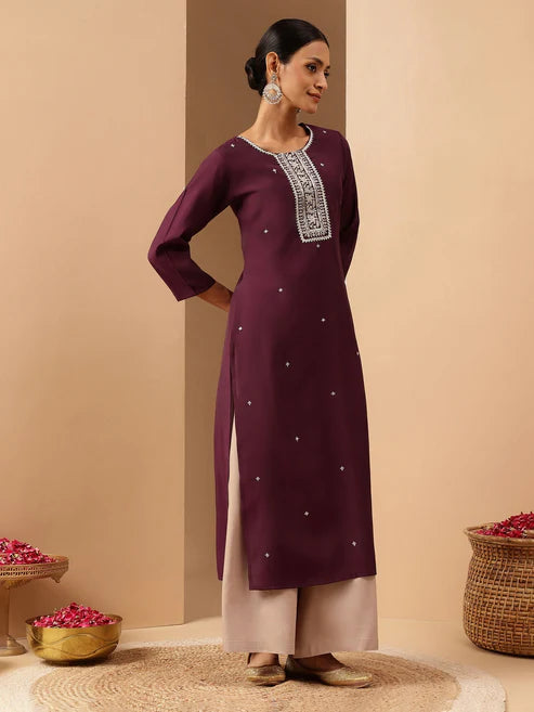 Saheli Women's Wine Chanderi Silk Embroidered Straight Kurta