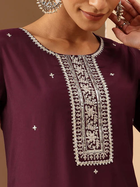 Saheli Women's Wine Chanderi Silk Embroidered Straight Kurta